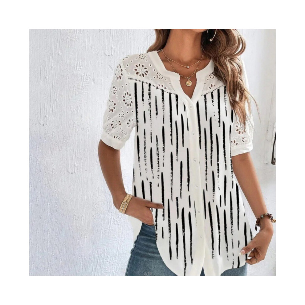 Maxpower (Black Stripe, L) Leisure Flower Printed Cardigan Hollowed Out Blouses New Fashion Lapel Short Sleeved Shirt Women's Top Camicette Femme