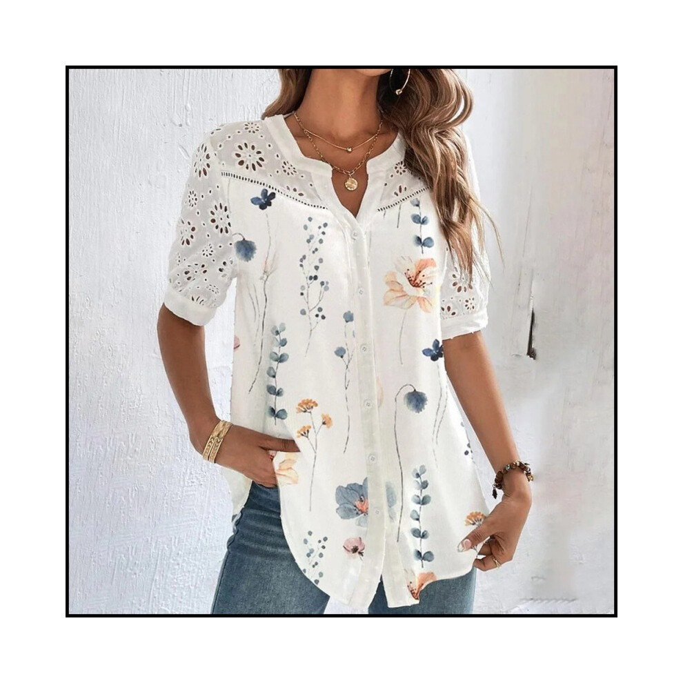 Maxpower (Blue, M) Leisure Flower Printed Cardigan Hollowed Out Blouses New Fashion Lapel Short Sleeved Shirt Women's Top Camicette Femme