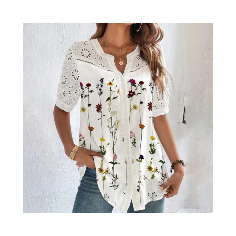 Maxpower (Red, M) Leisure Flower Printed Cardigan Hollowed Out Blouses New Fashion Lapel Short Sleeved Shirt Women's Top Camicette Femme