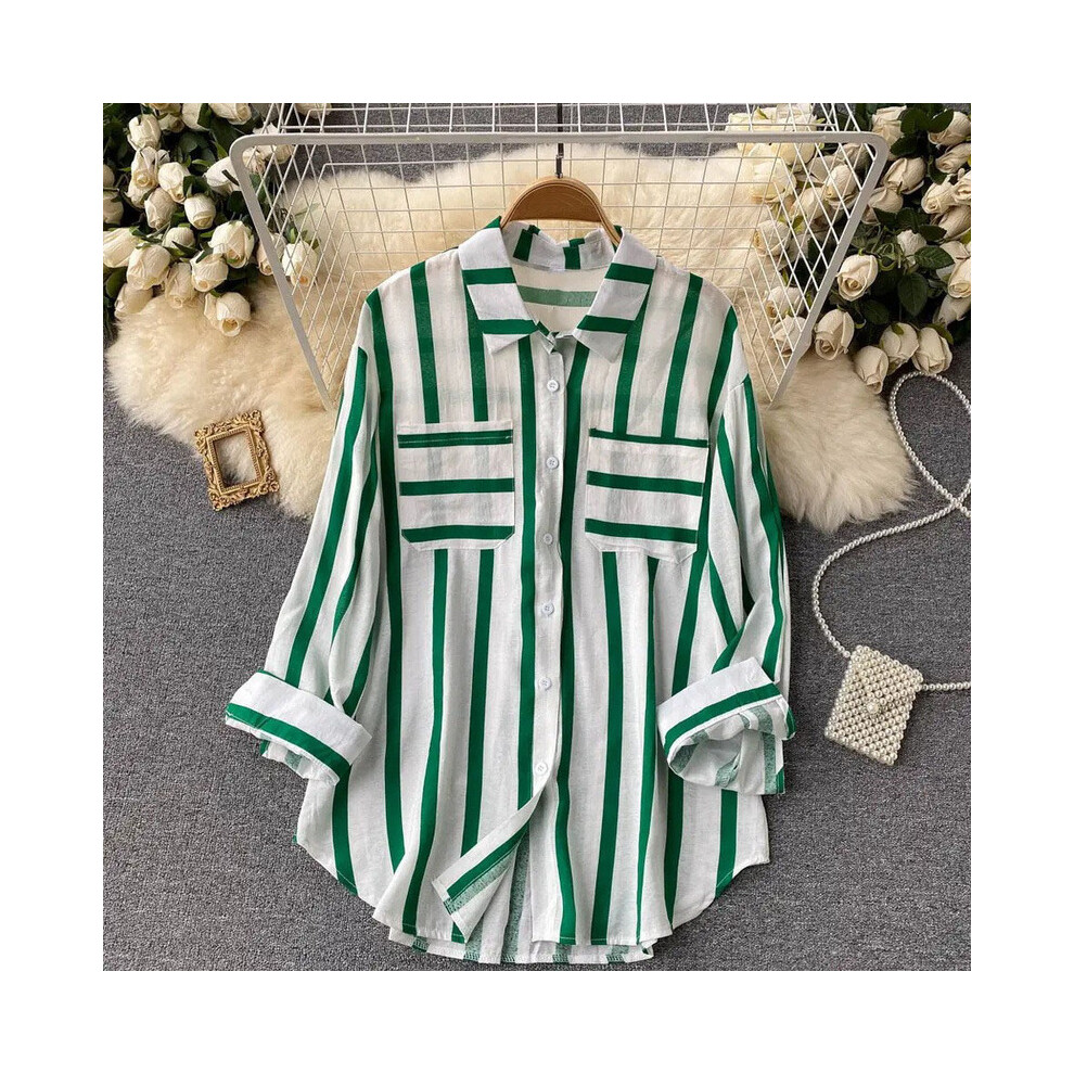 (green, L) Spring New Top Blouse Women Fashion Striped Elegant Casual Long Sleeve Tops Shirt Female Office Loose Holiday Sweet Casual Shirt