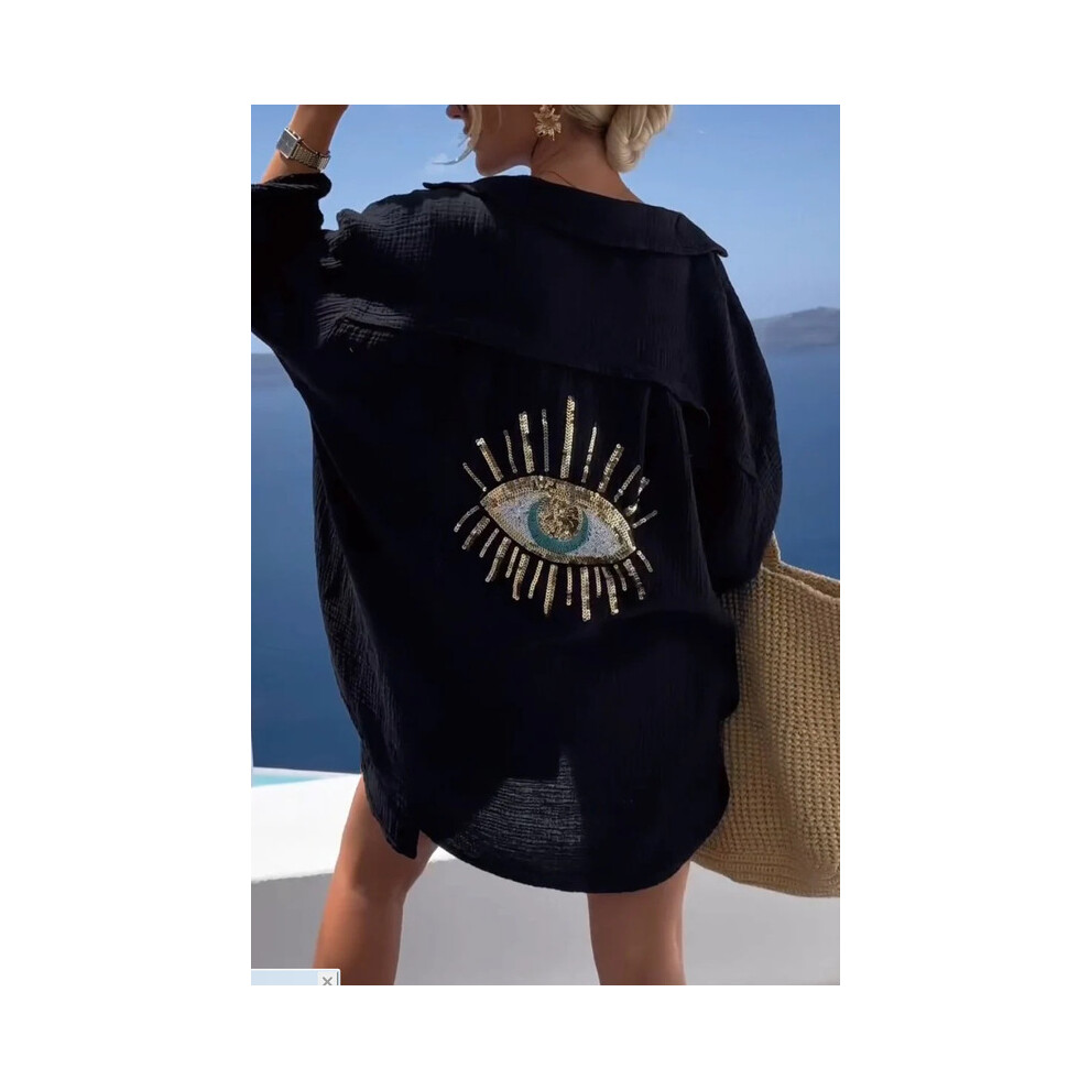 (black, L) Cotton Long Sleeve Loose Shirts Casual Sequin Shirt Spring Summer Embroider Top Turn-down Collar Button Long Blouse