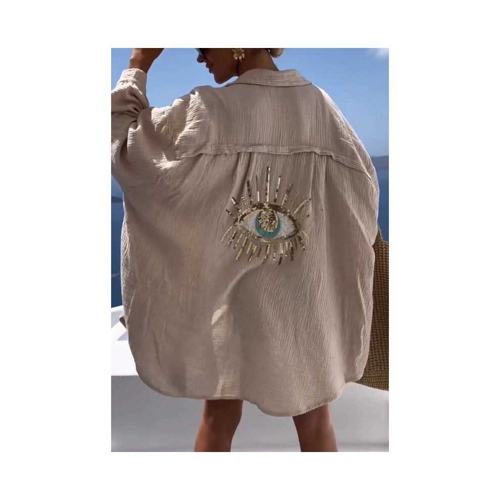 Maxpower (Creamy-, Xxxl) Cotton Long Sleeve Loose Shirts Casual Sequin Shirt Spring Summer Embroider Top Turn-Down Collar Button Long Blouse White
