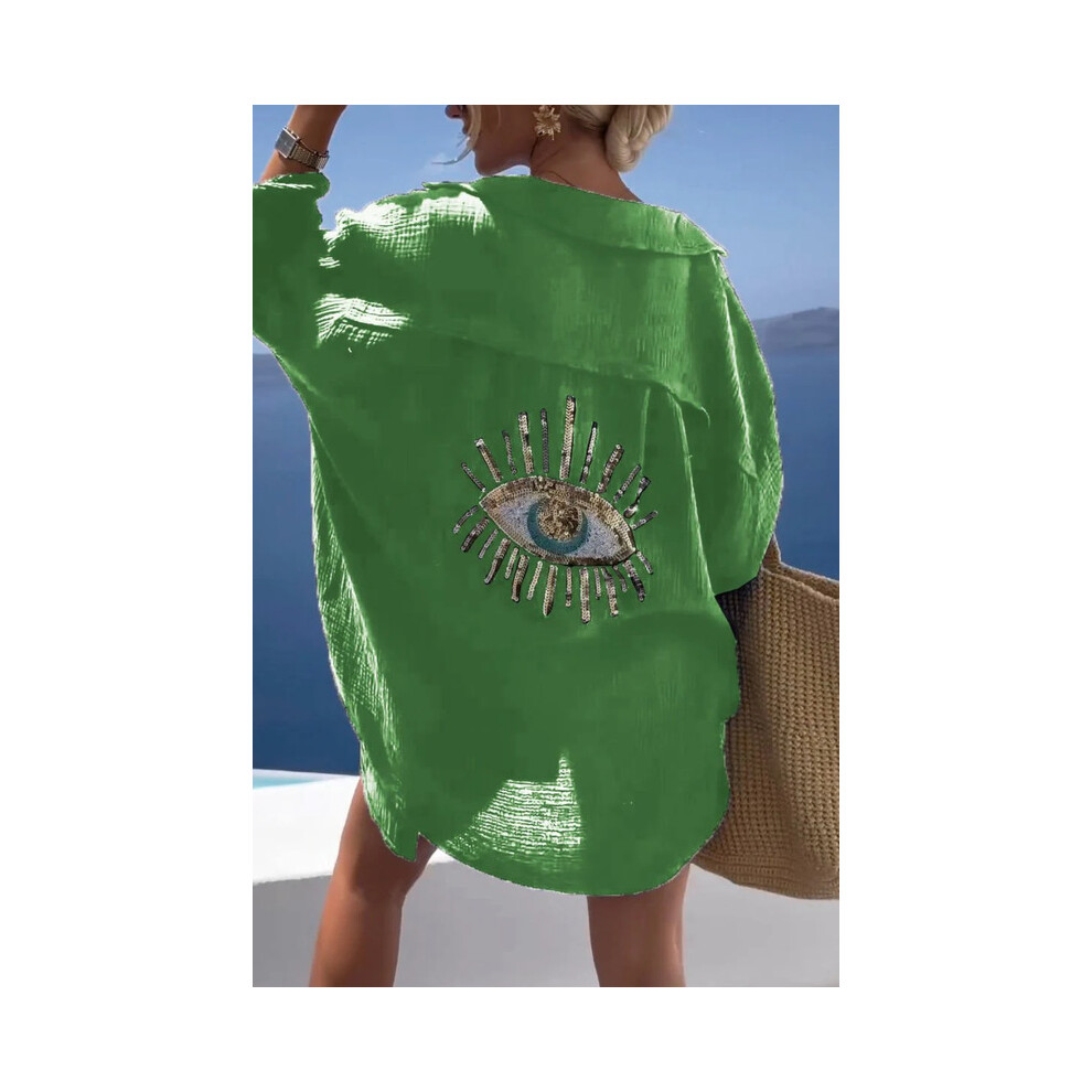 Maxpower (, Xxl) Cotton Long Sleeve Loose Shirts Casual Sequin Shirt Spring Summer Embroider Top Turn-Down Collar Button Long Blouse Green