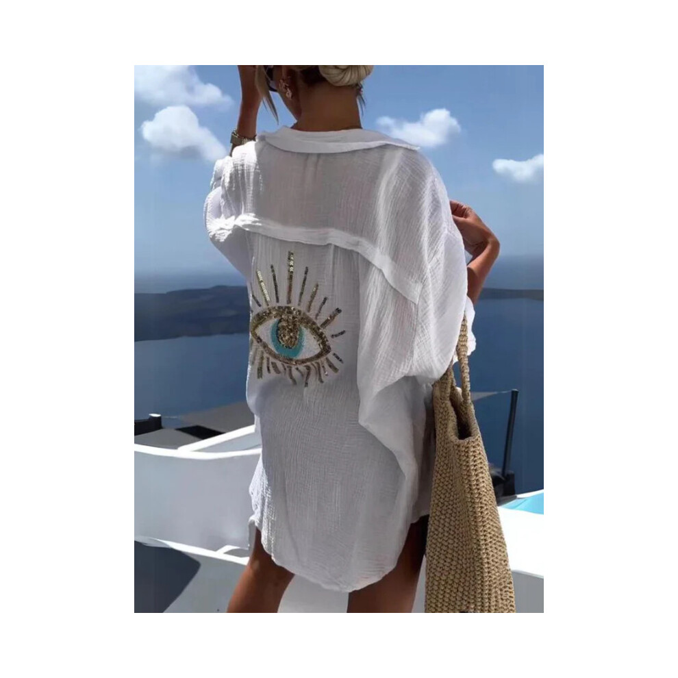 Maxpower (, Xxl) Cotton Long Sleeve Loose Shirts Casual Sequin Shirt Spring Summer Embroider Top Turn-Down Collar Button Long Blouse White