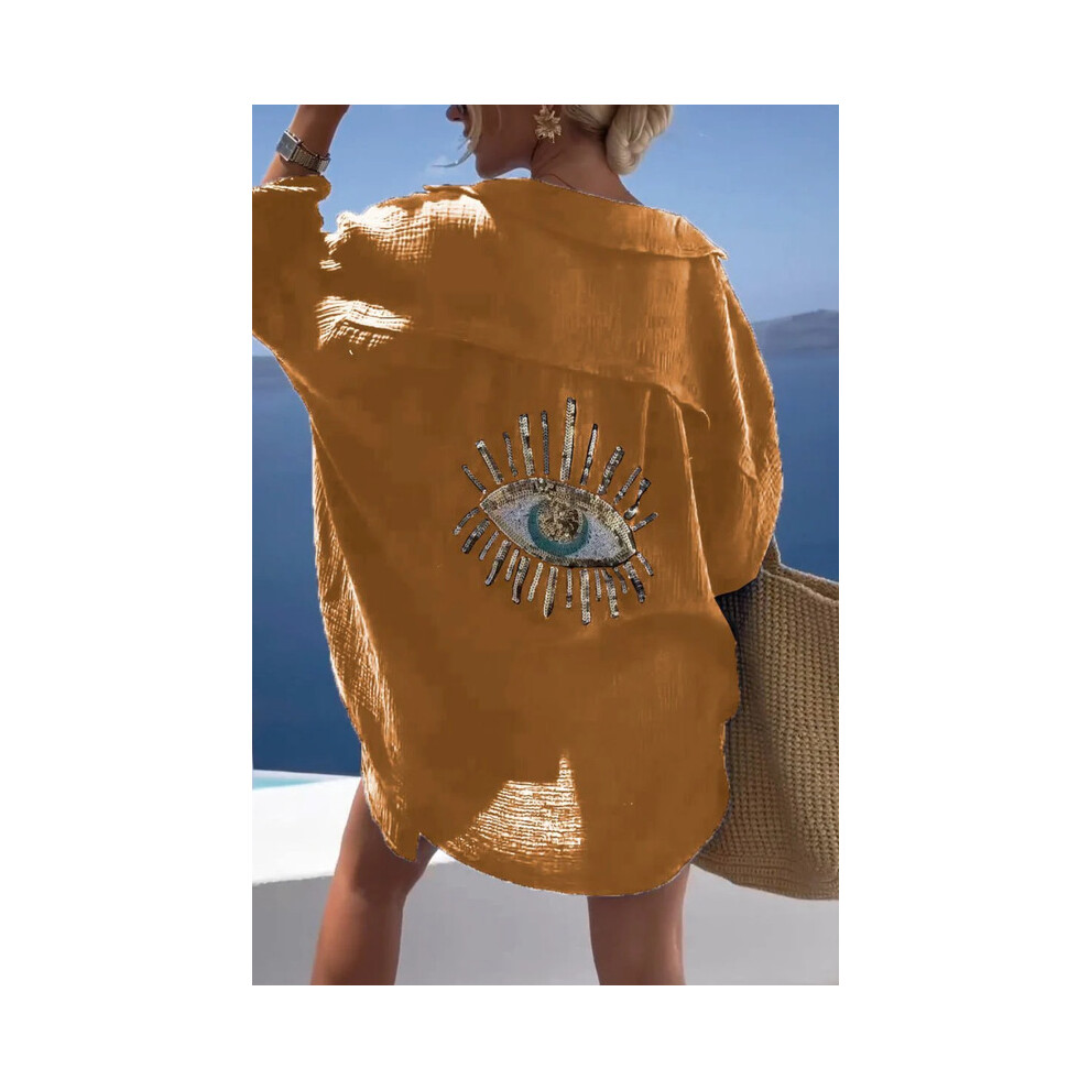 Maxpower (, Xxxl) Cotton Long Sleeve Loose Shirts Casual Sequin Shirt Spring Summer Embroider Top Turn-Down Collar Button Long Blouse Yellow