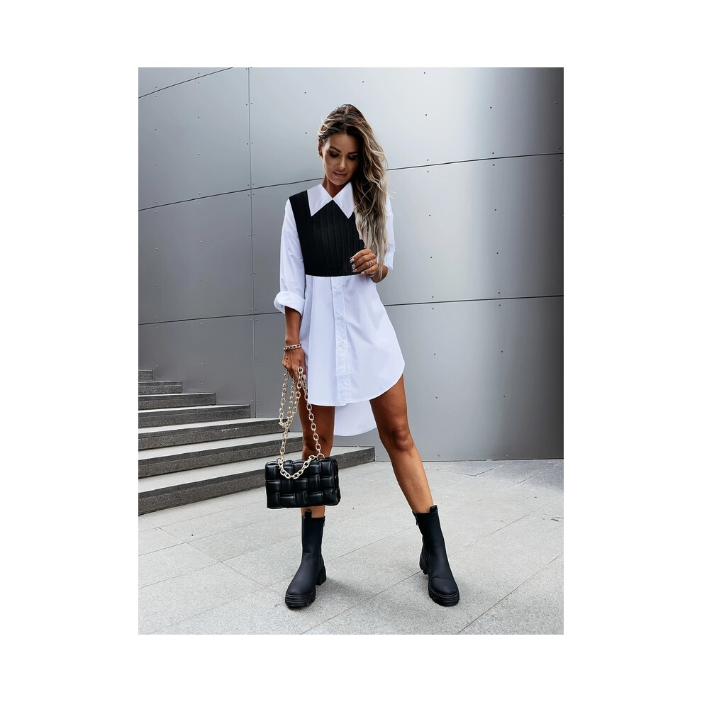 (WHITE, S) Textured Colorblock Polo Collar Blouse, Elegant Long Sleeve Blouse For Spring & Fall, Women's Clothing