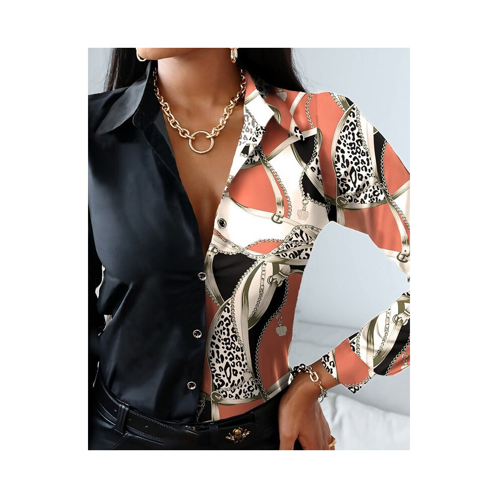 Maxpower (, Xl) Women Fashion Wild Shirts Chain/Floral/Letter/Geometric Square Print Turn-Down Collar Long Sleeve Blouses Orange