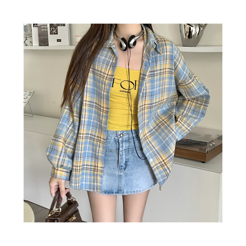 (Color 3, One Size) Women Tartan Shirt Long Sleeve Collared Button Up Oversized Plaid Shirt Flannel Jacket Grunge Teenage Girl Spring Summer Outfit
