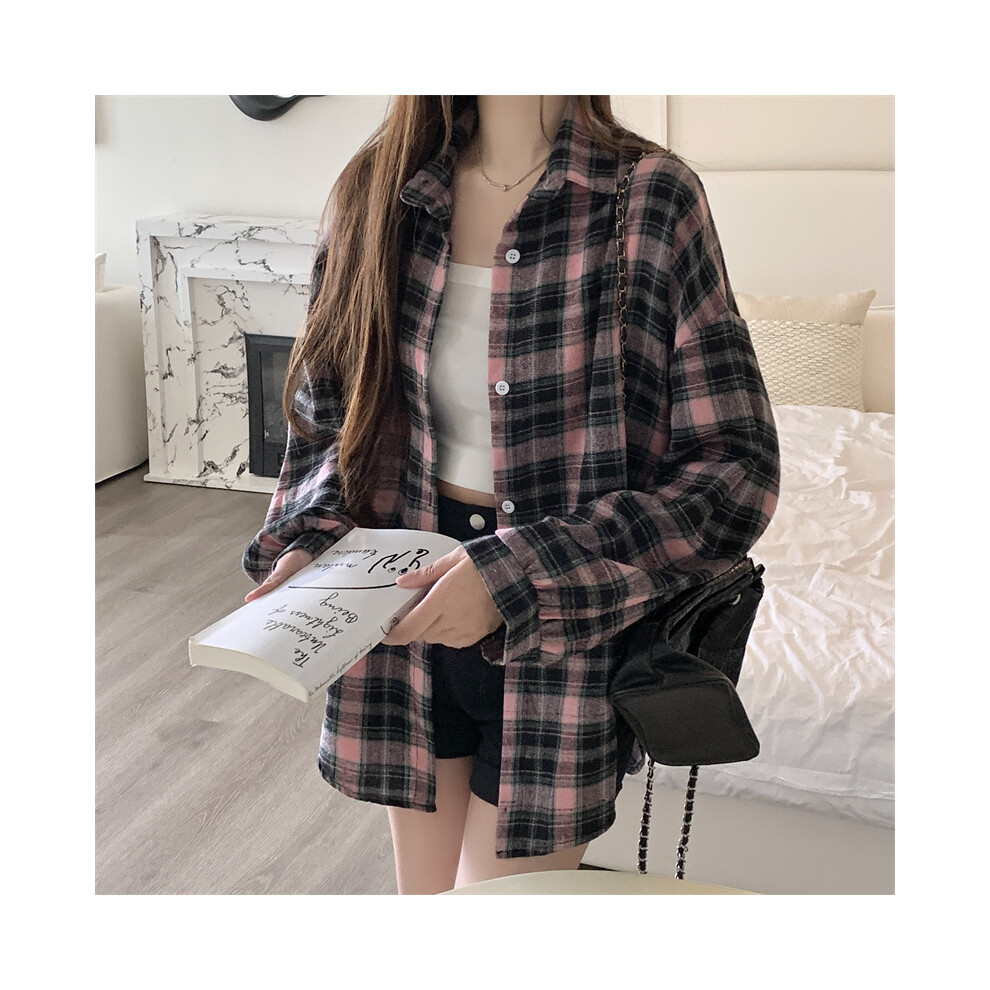 (Color 2, One Size) Women Tartan Shirt Long Sleeve Collared Button Up Oversized Plaid Shirt Flannel Jacket Grunge Teenage Girl Spring Summer Outfit