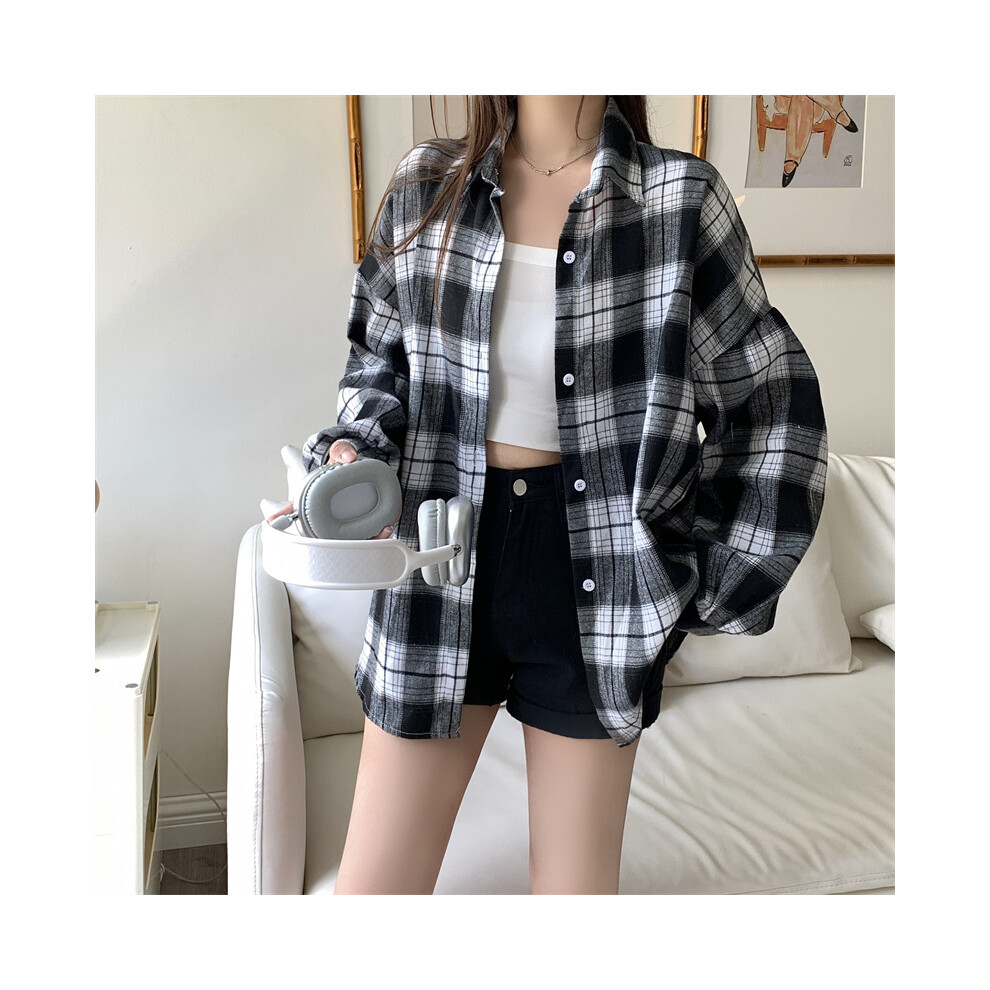 (Color 5, One Size) Women Tartan Shirt Long Sleeve Collared Button Up Oversized Plaid Shirt Flannel Jacket Grunge Teenage Girl Spring Summer Outfit