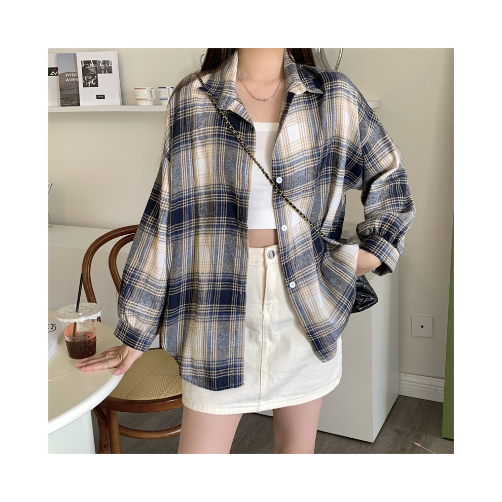 (Color 7, One Size) Women Tartan Shirt Long Sleeve Collared Button Up Oversized Plaid Shirt Flannel Jacket Grunge Teenage Girl Spring Summer Outfit
