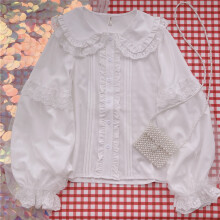 (WHITE, M) Lolita Shirt White Elegant Women Preppy Style Blouses Cute Peter Pan Collar Lace Ruffle JK Shirts Girls Long Sleeve Blusas Mujer