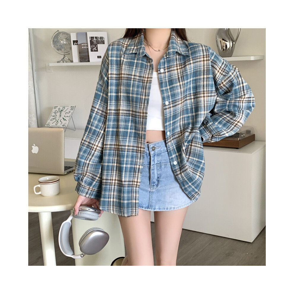 (Color 6, One Size) Women Tartan Shirt Long Sleeve Collared Button Up Oversized Plaid Shirt Flannel Jacket Grunge Teenage Girl Spring Summer Outfit