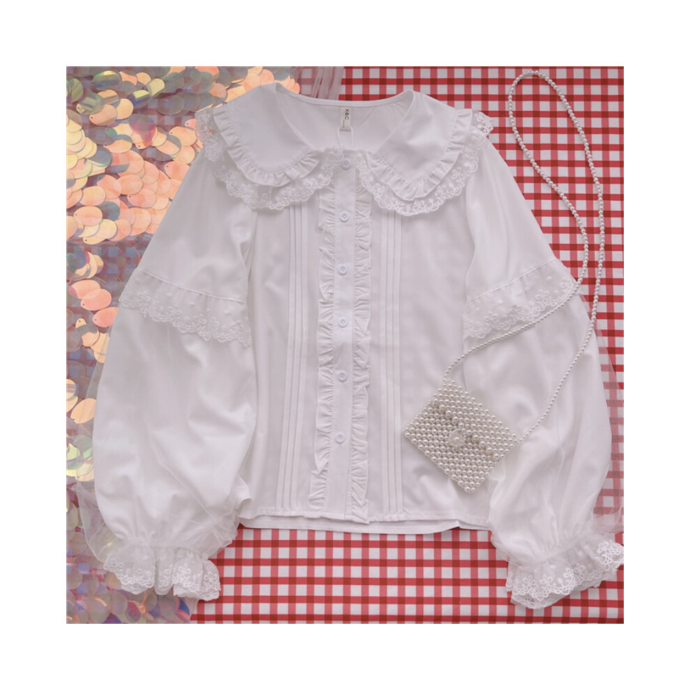 (WHITE, L) Lolita Shirt White Elegant Women Preppy Style Blouses Cute Peter Pan Collar Lace Ruffle JK Shirts Girls Long Sleeve Blusas Mujer