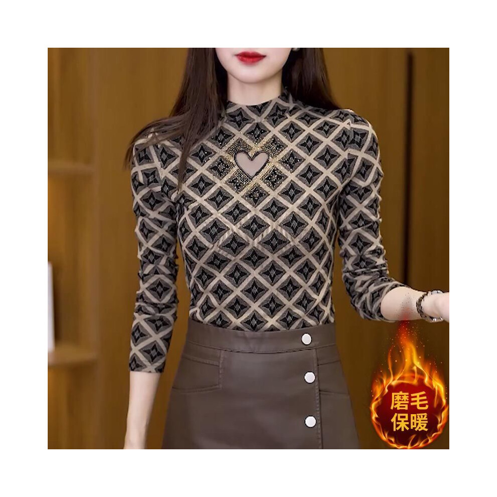 (Khaki, L) Ladies Fashion Diamonds Half Height Collar Long Sleeve Bottoming Shirt Autumn New Fashionable Hollow Out Pullover T-Shirts Tops