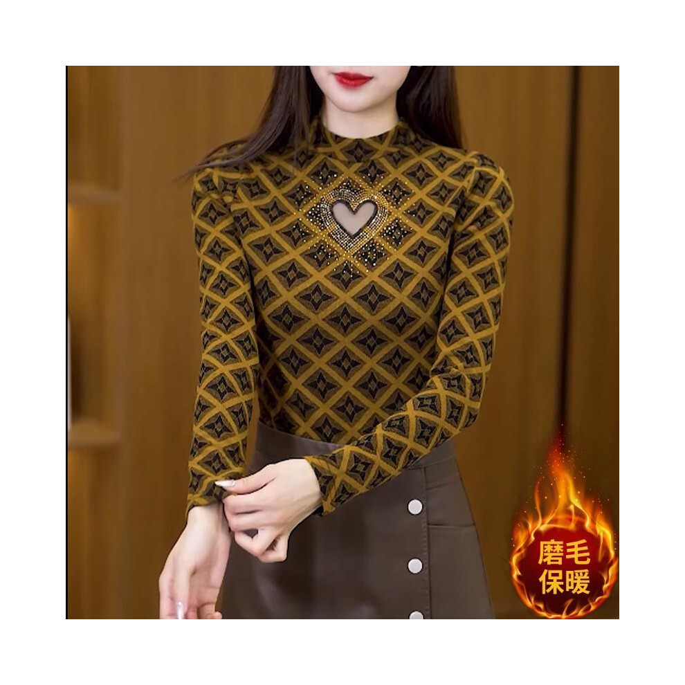 (Yellow, L) Ladies Fashion Diamonds Half Height Collar Long Sleeve Bottoming Shirt Autumn New Fashionable Hollow Out Pullover T-Shirts Tops
