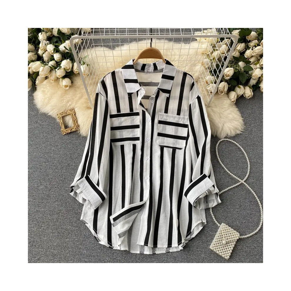 (black, 4XL) Spring Summer Striped Blouse Fashion Turn-down Collar Long Sleeve Button Top Casual Shirt Female Holiday Loose Tops Shirts New