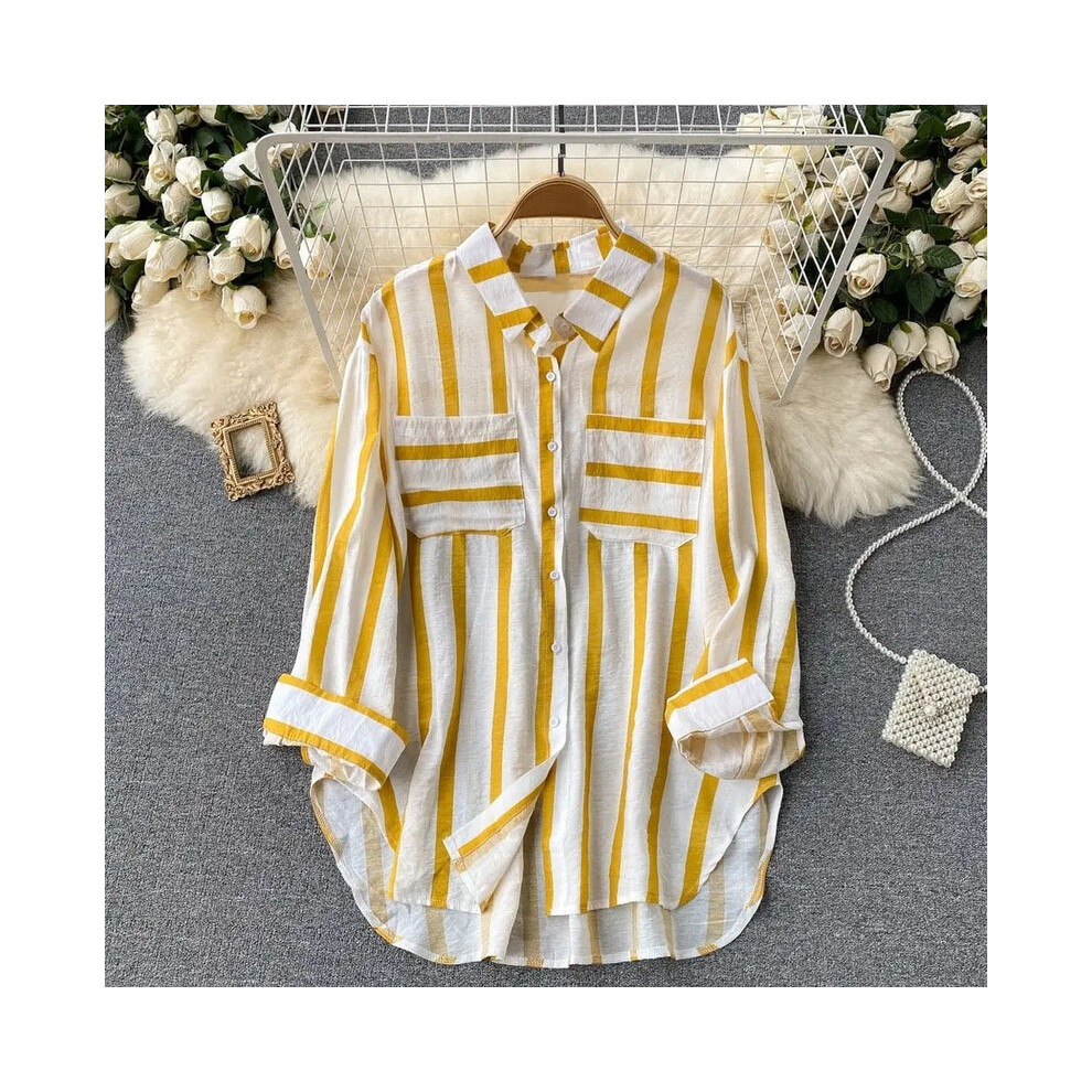 (yellow, XL) Spring Summer Striped Blouse Fashion Turn-down Collar Long Sleeve Button Top Casual Shirt Female Holiday Loose Tops Shirts New