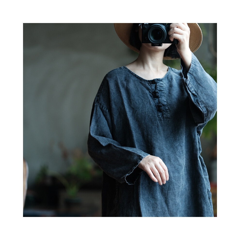 (Photo Color, One Size) Oversized Women Long Sleeve Casual T-shirts New Arrival  Spring Vintage Style O-neck Loose Female Linen Tops Tees M520