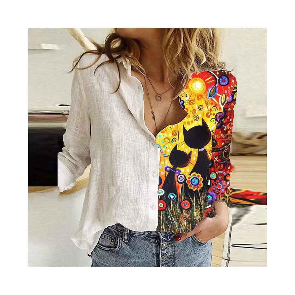 (6, L) Women Spring And Autumn Long Sleeve Polo Neck Fashion Print Loose Relaxed Comfortable Slim Elegant Commuter Popular Tops