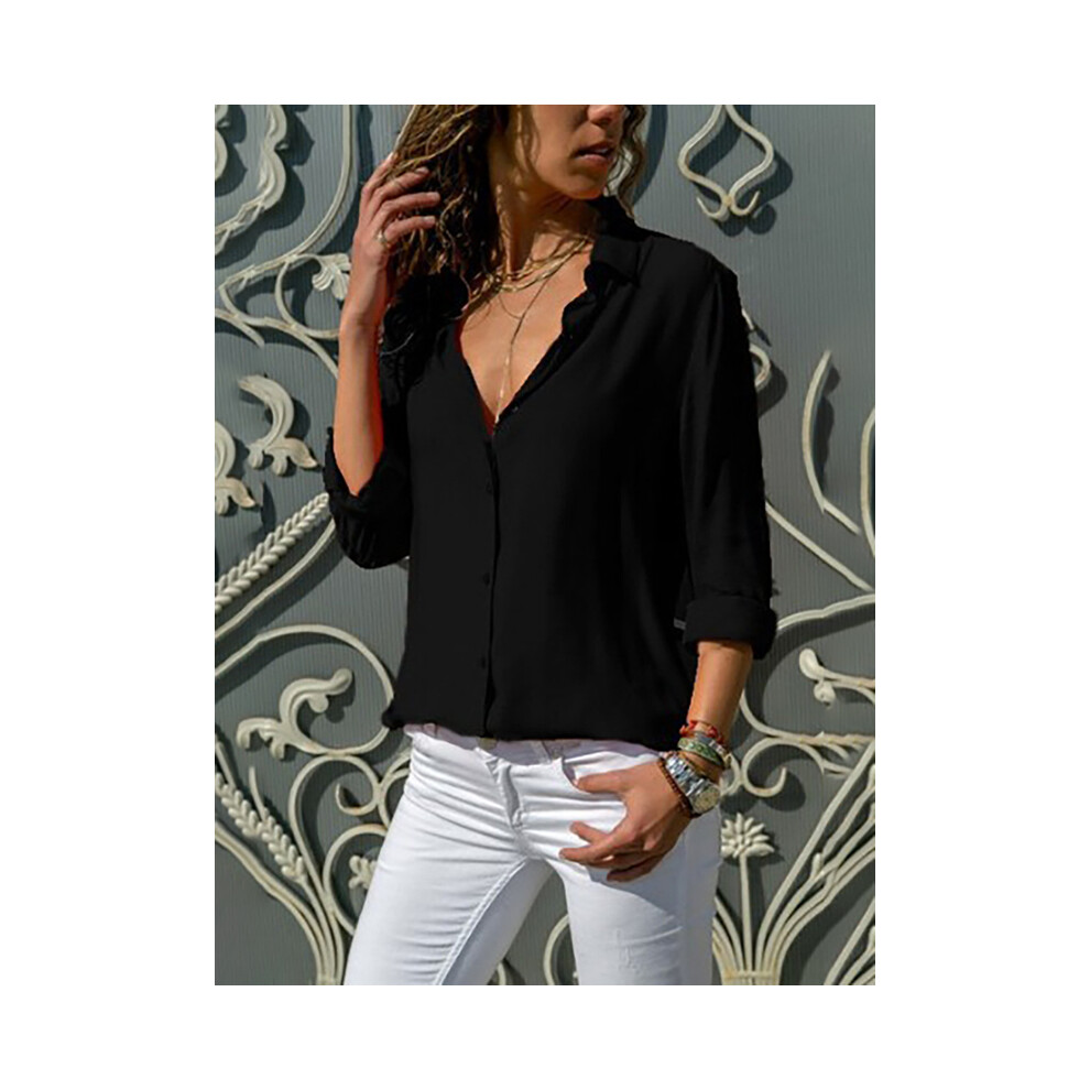 (black, 4XL) Women Elegant Solid Blouse and Shirt Elegant Long Sleeve V Neck Loose Chiffon Blouse Office Lady Loose Tunics Oversized Tops
