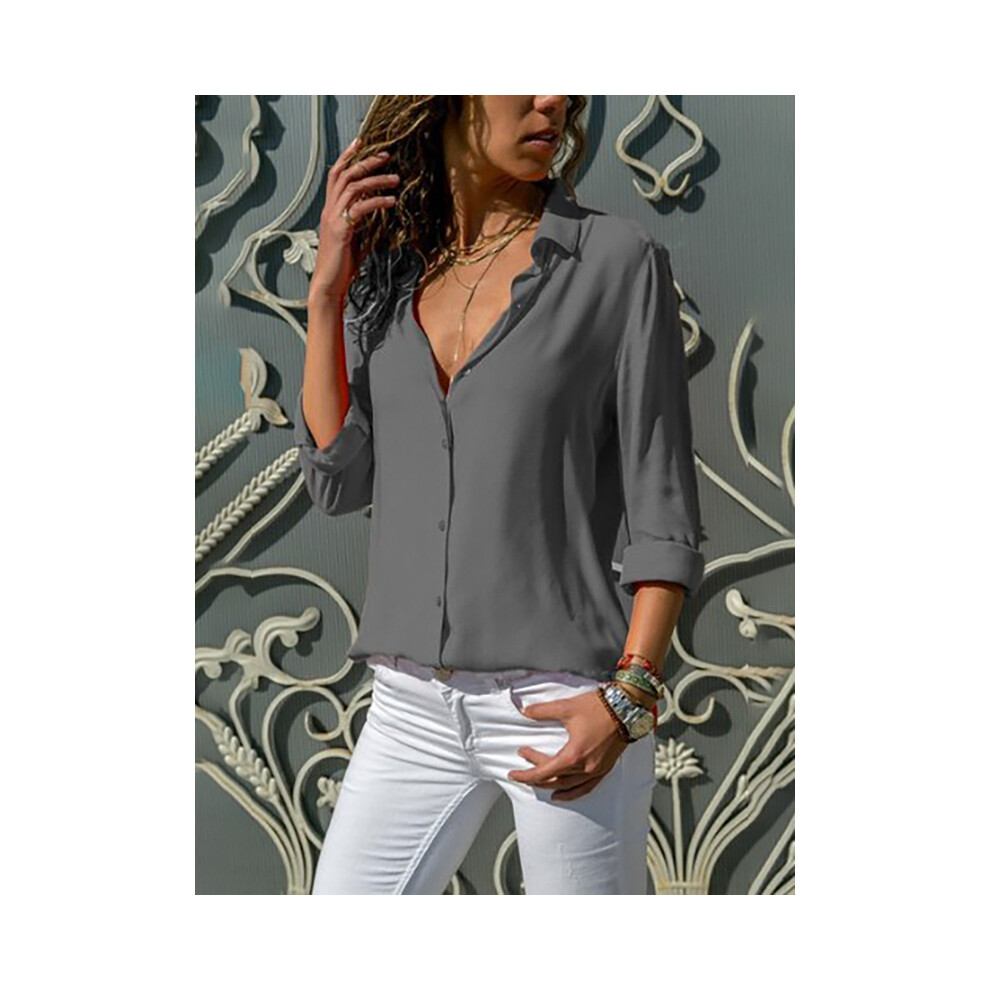 (GRAY, XL) Women Elegant Solid Blouse and Shirt Elegant Long Sleeve V Neck Loose Chiffon Blouse Office Lady Loose Tunics Oversized Tops