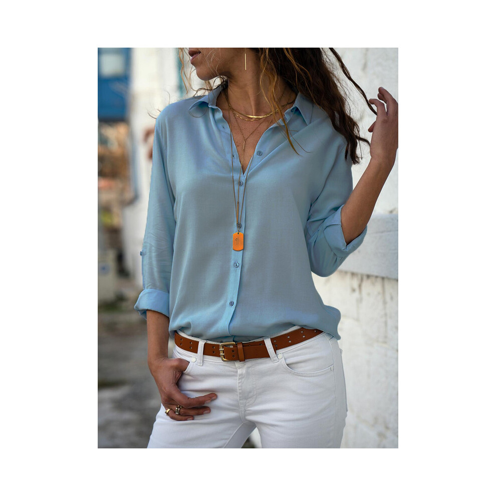 (Light Blue, M) Women Elegant Solid Blouse and Shirt Elegant Long Sleeve V Neck Loose Chiffon Blouse Office Lady Loose Tunics Oversized Tops-image-OPC-PG8YJRN-NEW
