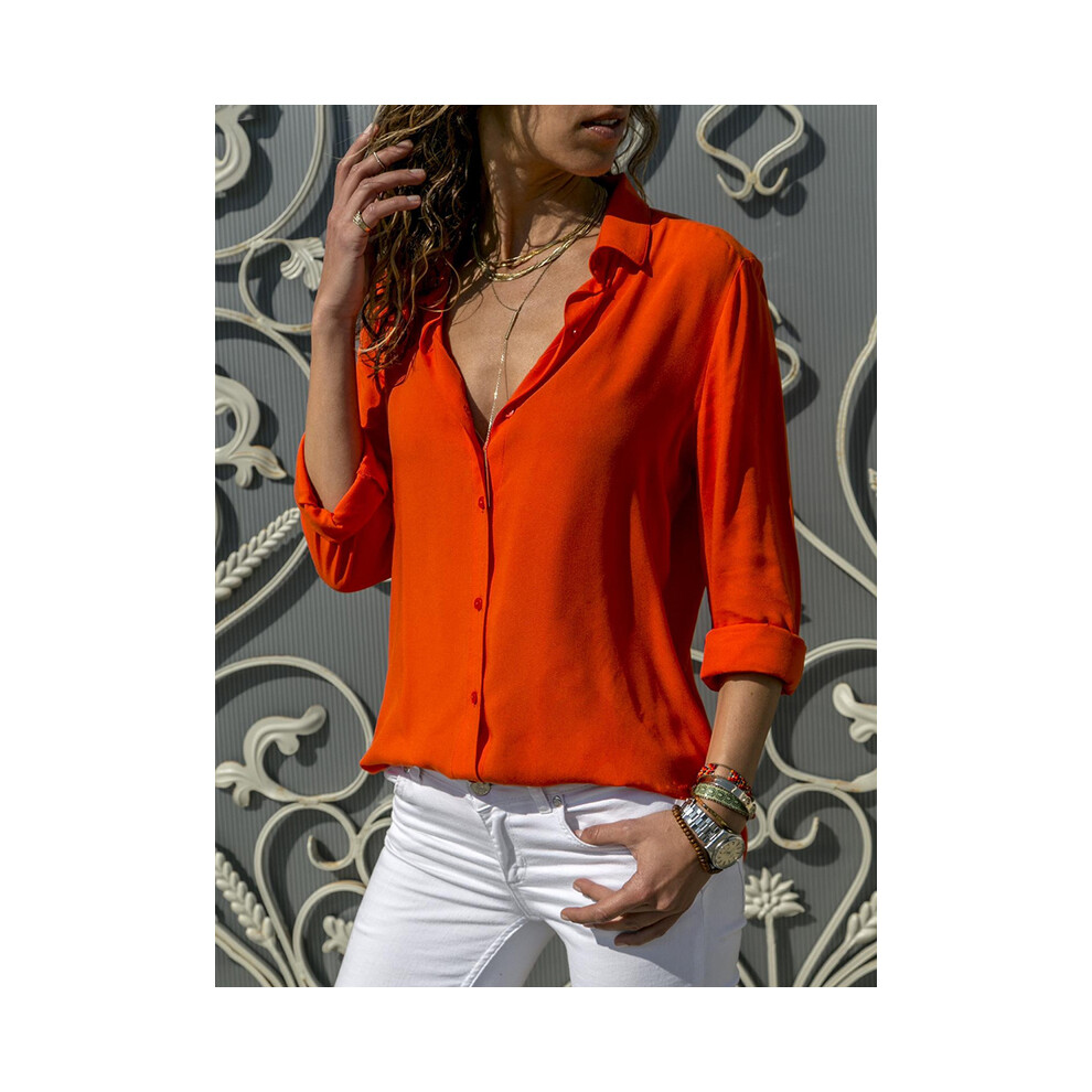 Maxpower (Orange Red, 4XL) Women Elegant Solid Blouse And Shirt Elegant Long Sleeve V Neck Loose Chiffon Blouse Office Lady Loose Tunics Oversized Tops
