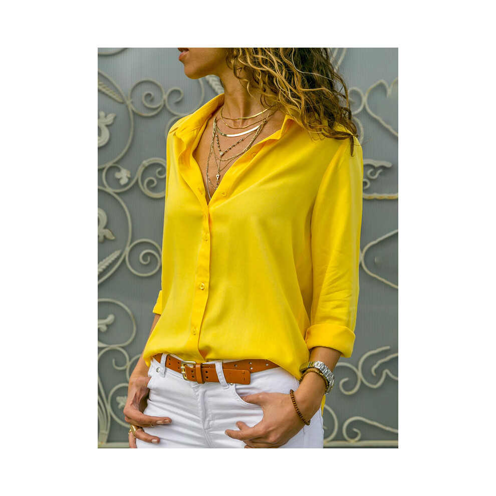 Maxpower (Yellow, 4XL) Women Elegant Solid Blouse And Shirt Elegant Long Sleeve V Neck Loose Chiffon Blouse Office Lady Loose Tunics Oversized Tops