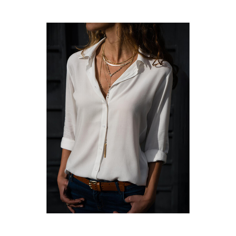 Maxpower (White, Xl) Women Elegant Solid Blouse And Shirt Elegant Long Sleeve V Neck Loose Chiffon Blouse Office Lady Loose Tunics Oversized Tops