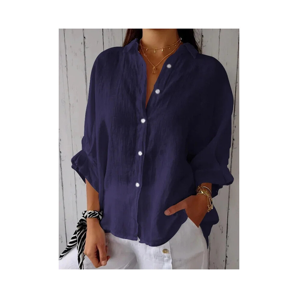 (DEEP BLUE, L) Elegant Chic Women's Blouse Casual Top Spring Summer  Fashion Loose V-Neck Button Fit Ties At Back Shirt Top-image-OPC-PG8YJTP-NEW