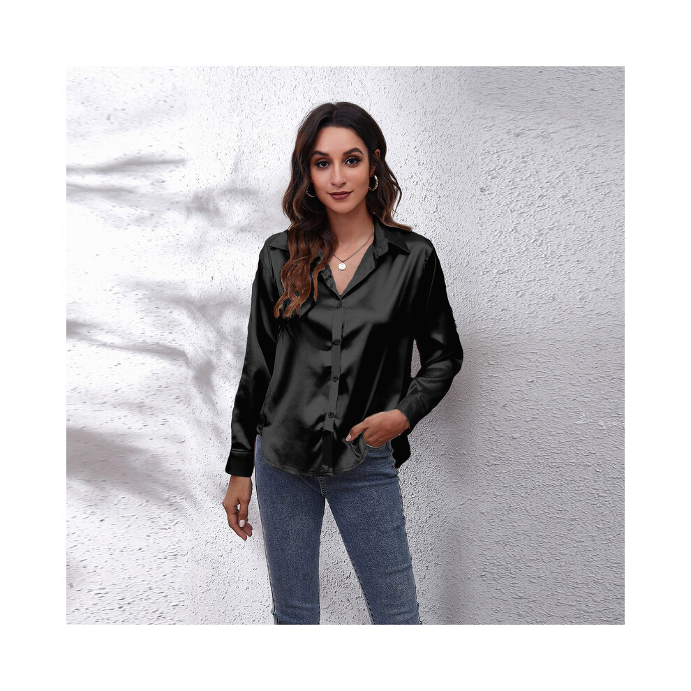 (Black, L) 17 Color Option Women's Satin Blouse Tops Summer Fashion Female Turn Down Collar Long Sleeve OL Ribbon Blouse Shirts BSFS-0212YT