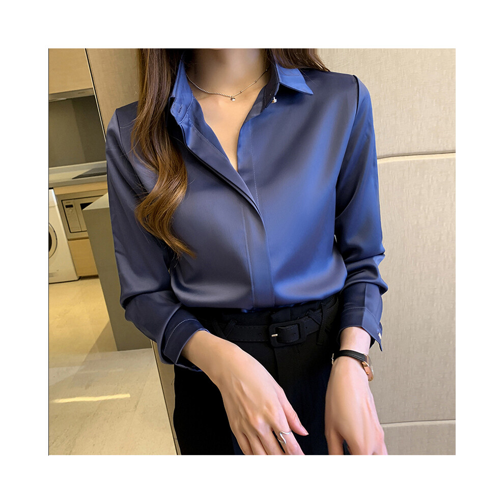 (Blue, L) Women Shirts and Blouses Satin Fashion Woman Blouse Women's Autumn Clothing Elegant and Youth Woman Blouses OL Ladies Tops
