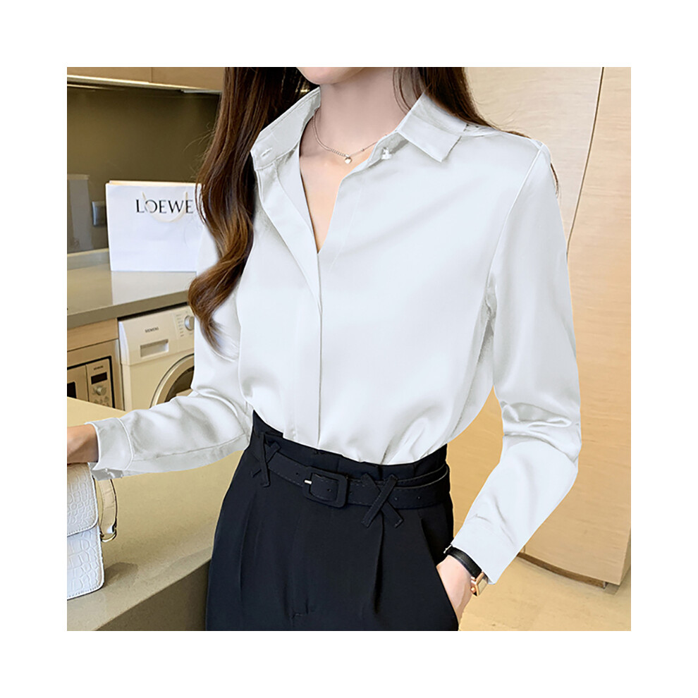 (WHITE, L) Women Shirts and Blouses Satin Fashion Woman Blouse Women's Autumn Clothing Elegant and Youth Woman Blouses OL Ladies Tops
