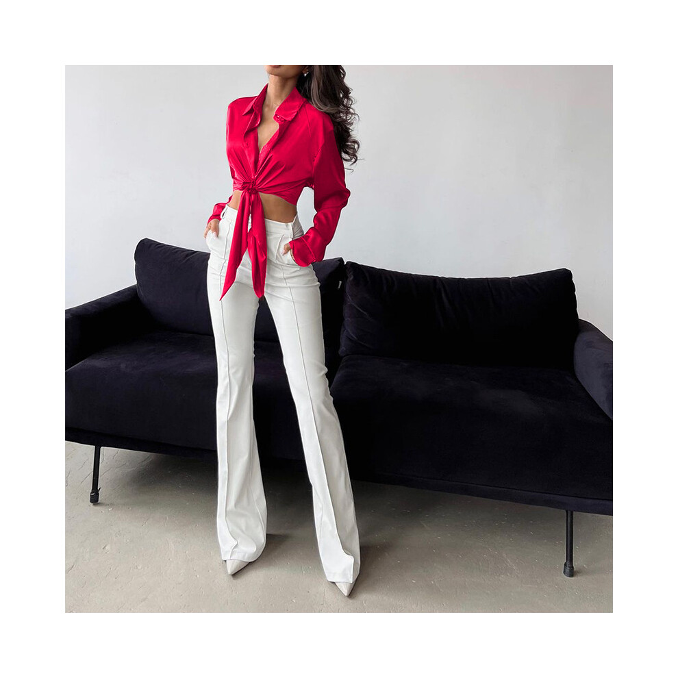 (red, L) Ladies Solid Color Lace Up Crop Tops Autumn New Fashionable Polo Collar Long Sleeve Leaky Navel Shirt Short Women's Blouse Top