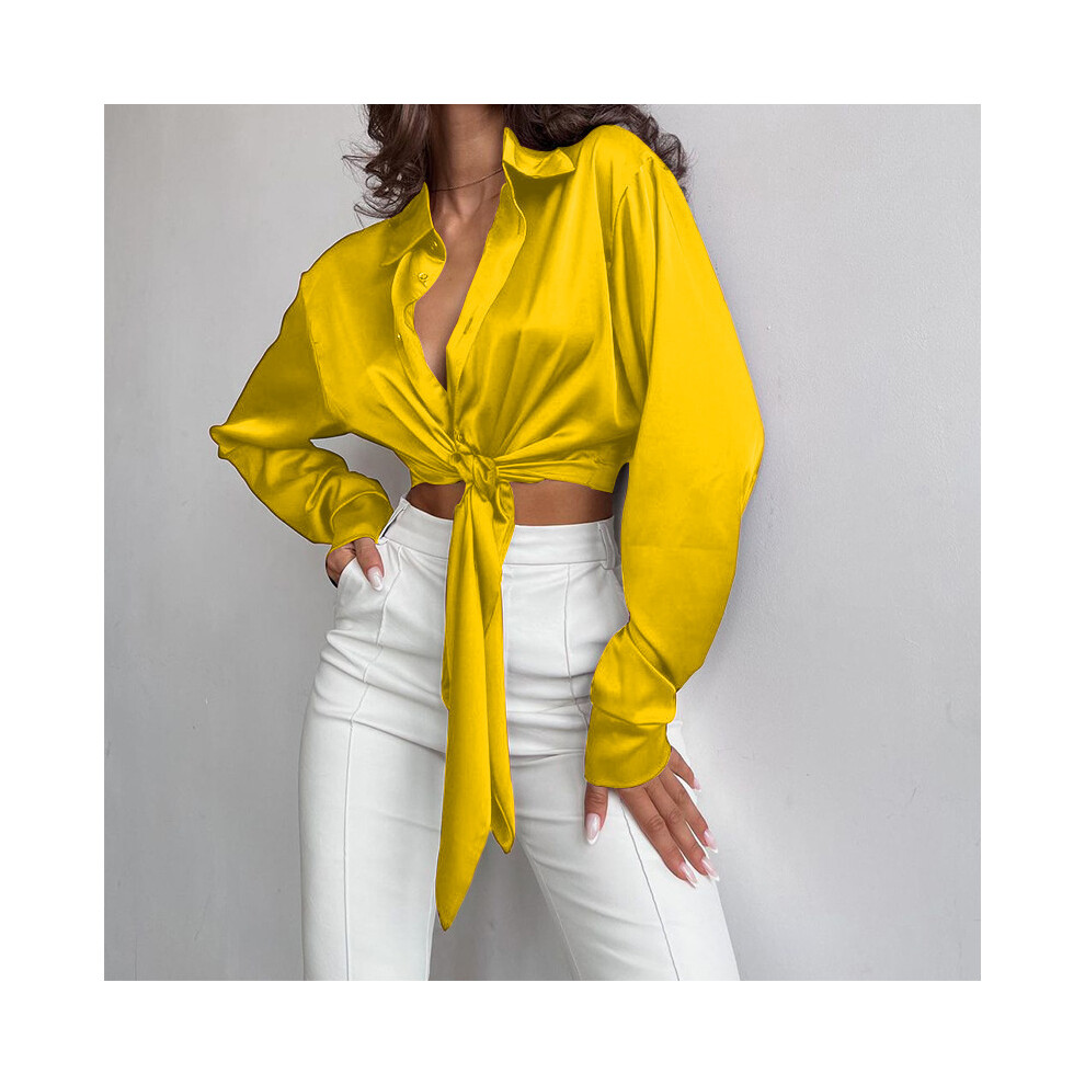 (yellow, S) Ladies Solid Color Lace Up Crop Tops Autumn New Fashionable Polo Collar Long Sleeve Leaky Navel Shirt Short Women's Blouse Top