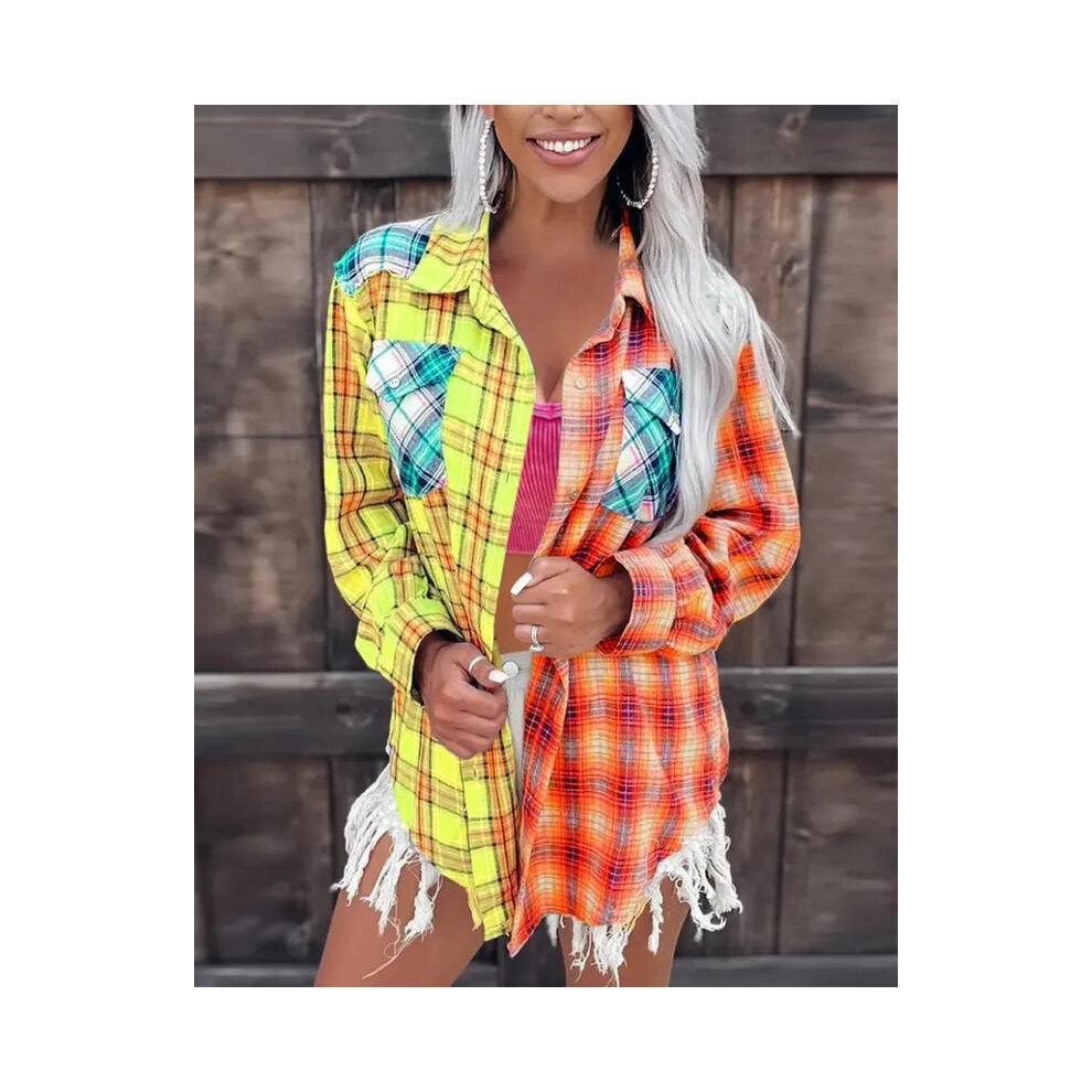 (A, L) Spring Women's Casual Shirt Top  Colorful Colored Rainbow Checkered Print V-neck Button Long sleeved Shirt Daily Shirt