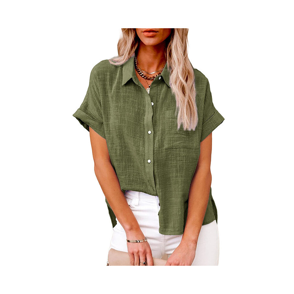(Army Green, 2XL) Summer Women Flax Linen Pocket Blouse Shirts Casual Short Sleeve OL Workout Loose Blouse Tops LRFZ-6022