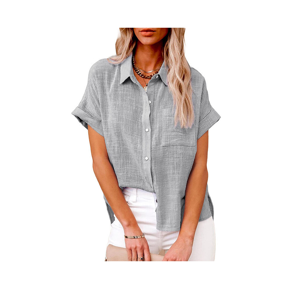 (Gray, S) Summer Women Flax Linen Pocket Blouse Shirts Casual Short Sleeve OL Workout Loose Blouse Tops LRFZ-6022