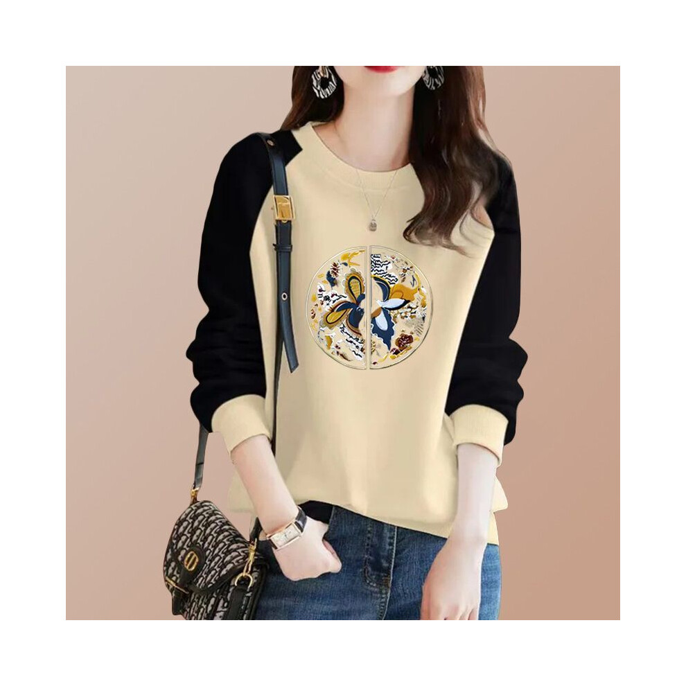 Maxpower (Apricot, M) Chinese Style Autumn Winner New T-Shirt Women O-Neck Printing Patchwork Contrast Color Fashion Long Sleeve Bottoming Shirt Tops