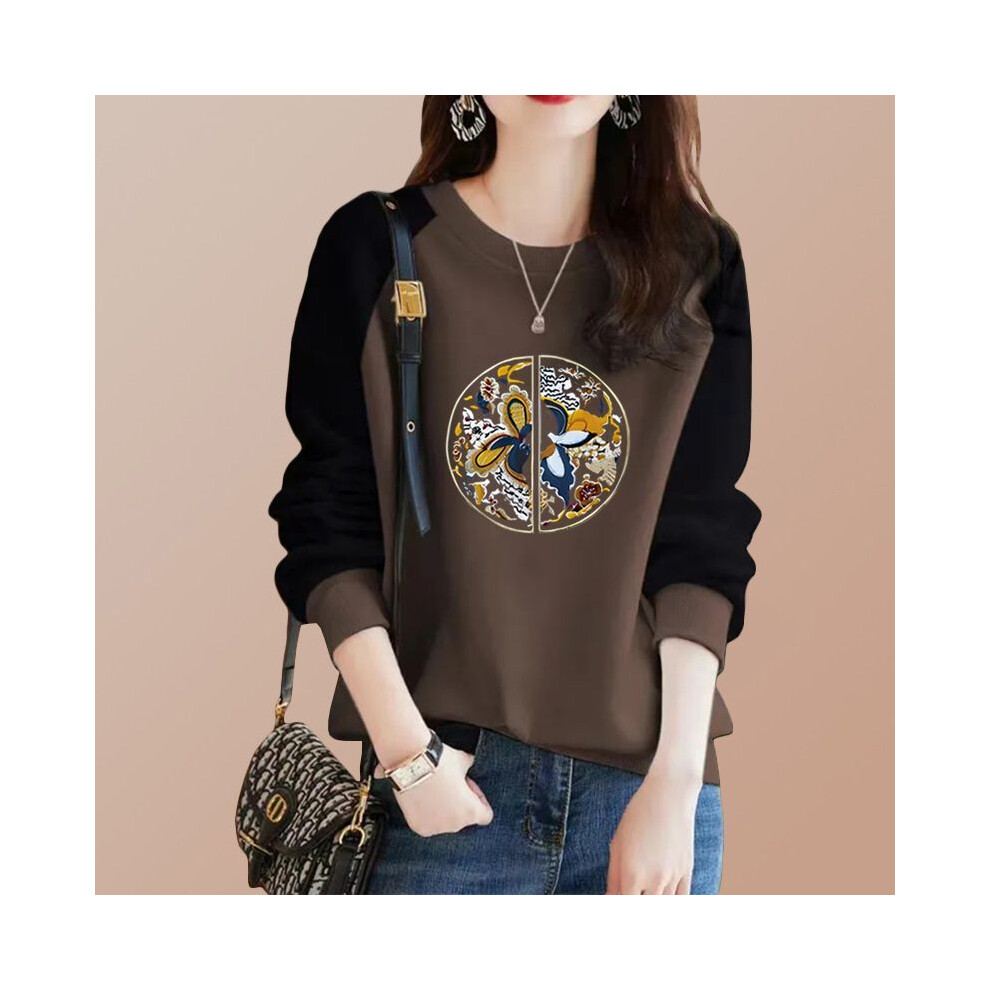 Maxpower (Coffee, Xxl) Chinese Style Autumn Winner New T-Shirt Women O-Neck Printing Patchwork Contrast Color Fashion Long Sleeve Bottoming Shirt Tops