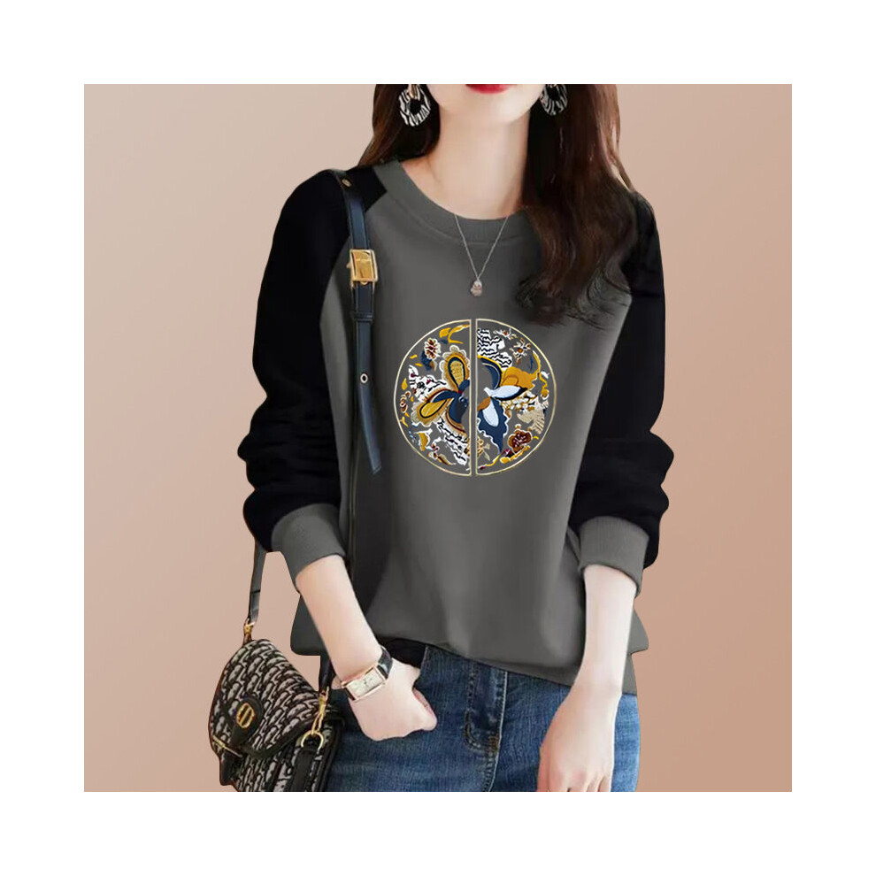 Maxpower (Gray, M) Chinese Style Autumn Winner New T-Shirt Women O-Neck Printing Patchwork Contrast Color Fashion Long Sleeve Bottoming Shirt Tops