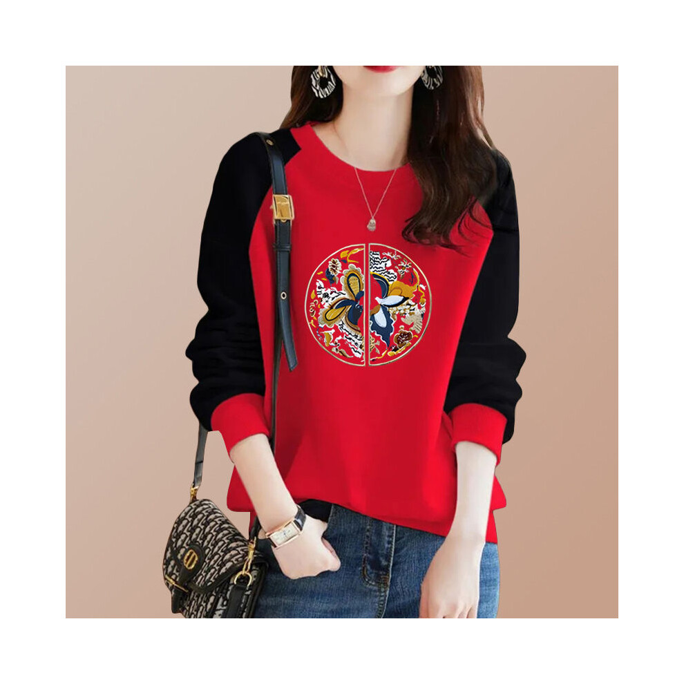 Maxpower (Red, L) Chinese Style Autumn Winner New T-Shirt Women O-Neck Printing Patchwork Contrast Color Fashion Long Sleeve Bottoming Shirt Tops