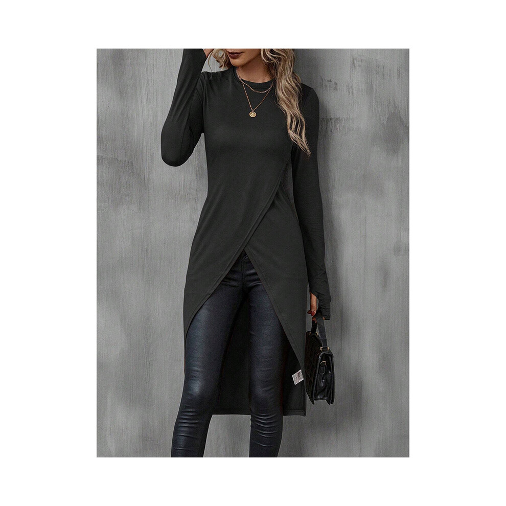 (Black, M) Women's T-Shirts Autumn French Decent Plain Long Sleeve Crew Neck Wrap Long High Street T-Shirts