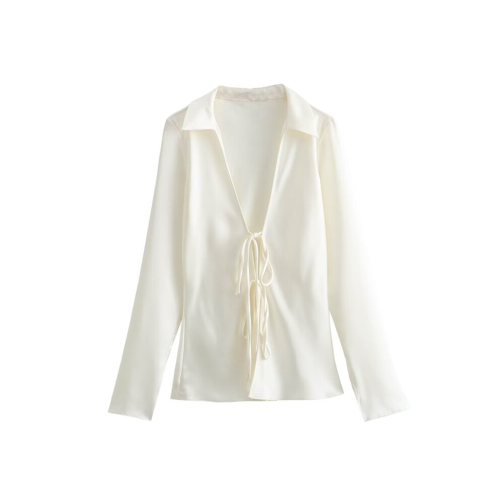 (Beige, S) Sexy Black Satin Bow Tie Shirts Women Long Sleeve V Neck Slim Blouses Fashion  Summer Elegant Silky Tops