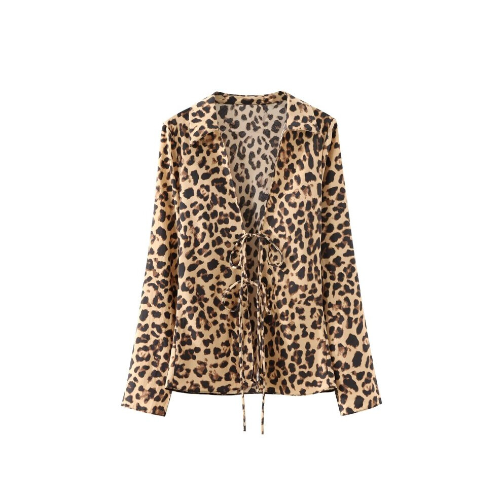 (Leopard, M) Sexy Black Satin Bow Tie Shirts Women Long Sleeve V Neck Slim Blouses Fashion  Summer Elegant Silky Tops