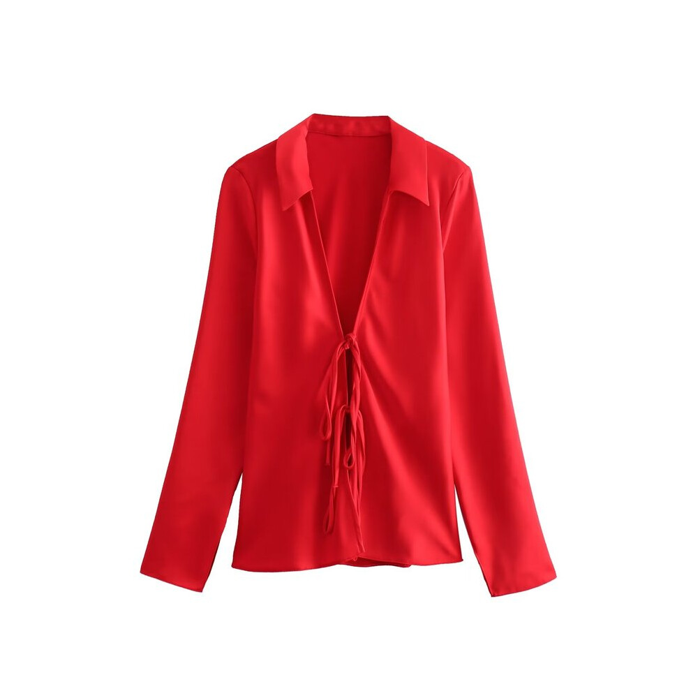 (Red, L) Sexy Black Satin Bow Tie Shirts Women Long Sleeve V Neck Slim Blouses Fashion  Summer Elegant Silky Tops