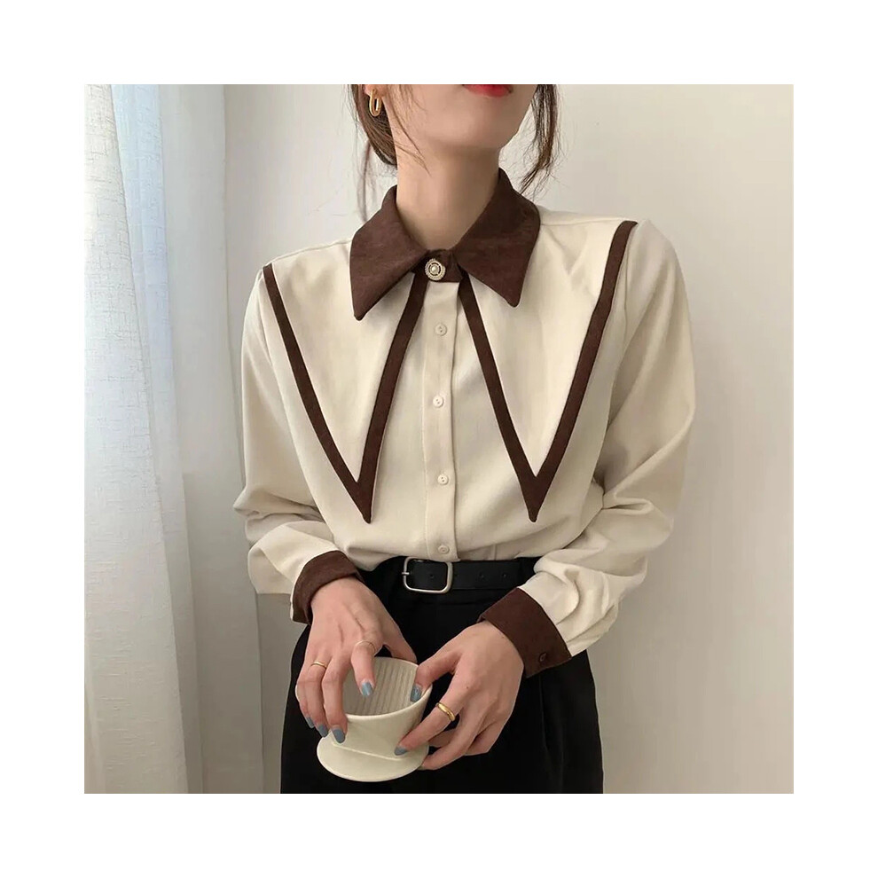 Maxpower (Apricot, S) Vintage Chiffon Shirts Women Elegant Patchwork Long Sleeve Blouses Office Lady Korean Black Turn Down Collar Casual Tops