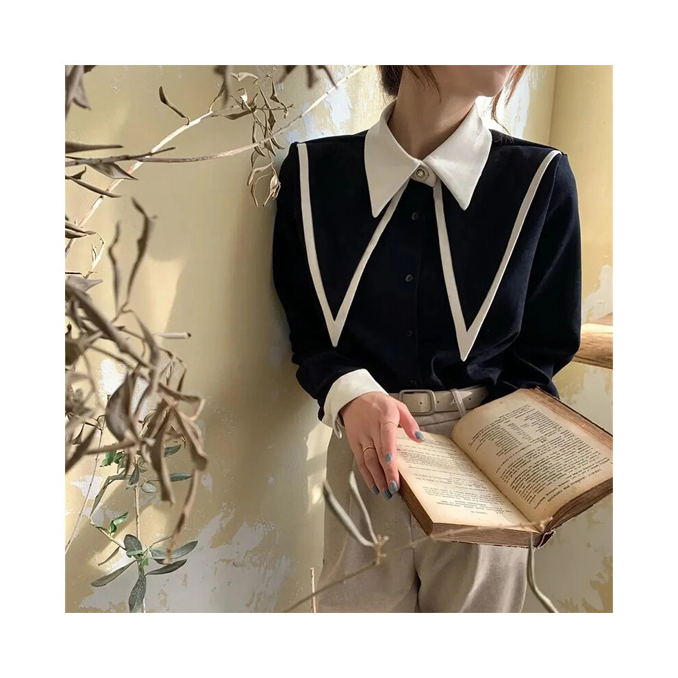 (black, XXL) Vintage Chiffon Shirts Women Elegant Patchwork Long Sleeve Blouses Office Lady Korean Black Turn Down Collar Casual Tops