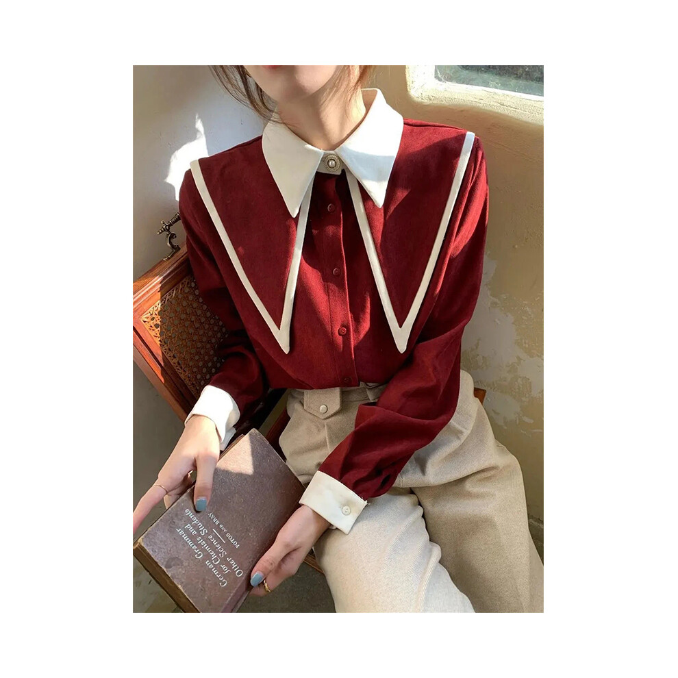 Maxpower (Red, Xxxl) Vintage Chiffon Shirts Women Elegant Patchwork Long Sleeve Blouses Office Lady Korean Black Turn Down Collar Casual Tops